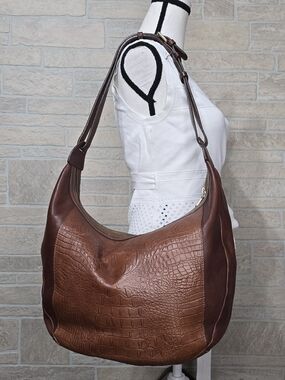 Massimo Dutti Croc Embossed Leather Hobo Bag Brown Slouchy Shoulder Bag Large